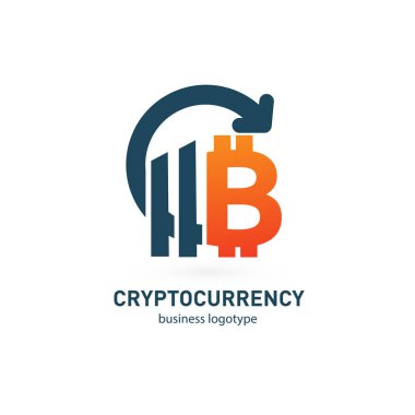 Vektör tasarım logo finans ve e-ticaret. Bitcoin piktogram, sanal para soyut simgesi