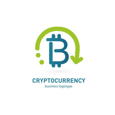 Vektör tasarım logo finans ve e-ticaret. Bitcoin piktogram, sanal para soyut simgesi