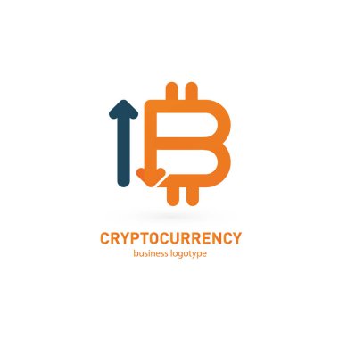 Vektör tasarım logo finans ve e-ticaret. Bitcoin piktogram, sanal para soyut simgesi