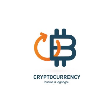 Vektör tasarım logo finans ve e-ticaret. Bitcoin piktogram, sanal para soyut simgesi