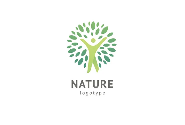 Design de vetor de ícone de logotipo de natureza abstrata. Alimentação ecológica saudável, ecologia, spa, dieta, ioga, logotipo do vetor do dia do meio ambiente. Pessoas felizes com logotipo da folha. Fitness, ícone de web esporte . — Vetor de Stock