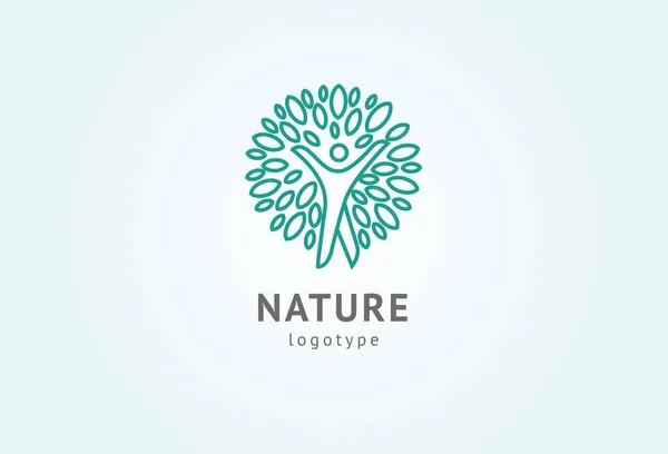 Abstrakte Natur Logo Icon Vektor Design. gesundes Öko-Essen, Ökologie, Wellness, Ernährung, Yoga, Umweltvektorlogo. glückliche Menschen mit Blattlogo. Fitness, Sport Web-Ikone. — Stockvektor