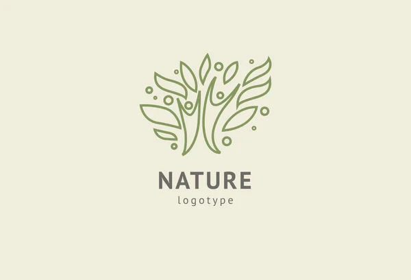 Abstrakte Natur Logo Icon Vektor Design. gesundes Öko-Essen, Ökologie, Wellness, Ernährung, Yoga, Umweltvektorlogo. glückliche Menschen mit Blattlogo. Fitness, Sport Web-Ikone. — Stockvektor