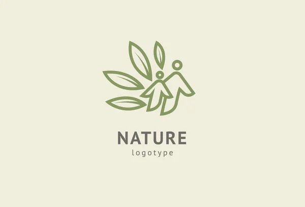 Abstrakte Natur Logo Icon Vektor Design. gesundes Öko-Essen, Ökologie, Wellness, Ernährung, Yoga, Umweltvektorlogo. glückliche Menschen mit Blattlogo. Fitness, Sport Web-Ikone. — Stockvektor