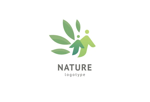 Soyut doğa logosu simgesi vektör tasarımı. Sağlıklı eko gıda, ekoloji, spa, diyet, yoga, Çevre gün vektör logosu. Yaprak logolu mutlu insanlar. Fitness, spor web simgesi. — Stok Vektör