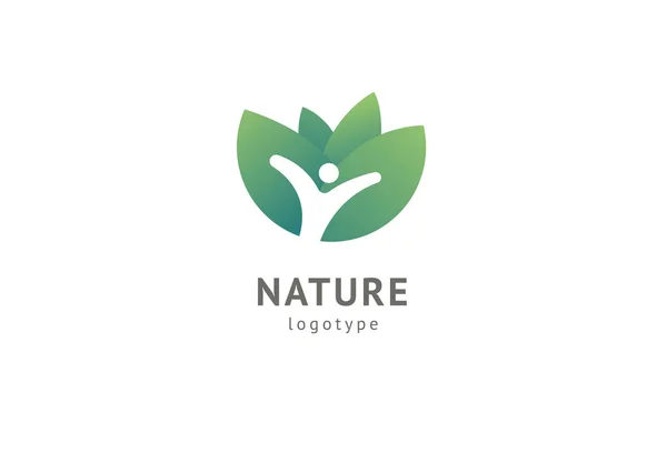 Diseño abstracto del vector icono de logotipo de la naturaleza. Alimentación ecológica saludable, ecología, spa, dieta, yoga, logotipo del vector del día del medio ambiente. Gente feliz con el logotipo de la hoja. Fitness, icono web del deporte . — Archivo Imágenes Vectoriales