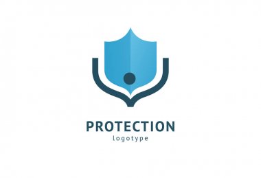 Kalkan simgesi. Vektör düz stil illüstrasyon Soyut iş güvenliği Ajansı logo şablonu. Antivirüs logo kavramı, koruma, sigorta, gizlilik, koruma.