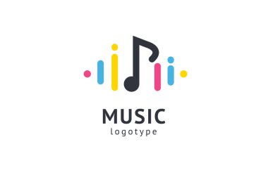 Vektör illüstrasyonu, Grafik Tasarım Not web logosu. Soyut müzik logosu vektör tasarımı. Ses kayıt stüdyosu, gece partisi. Müzik okulu, disko, vokal kursu, besteci, şarkıcı vektör logosu.