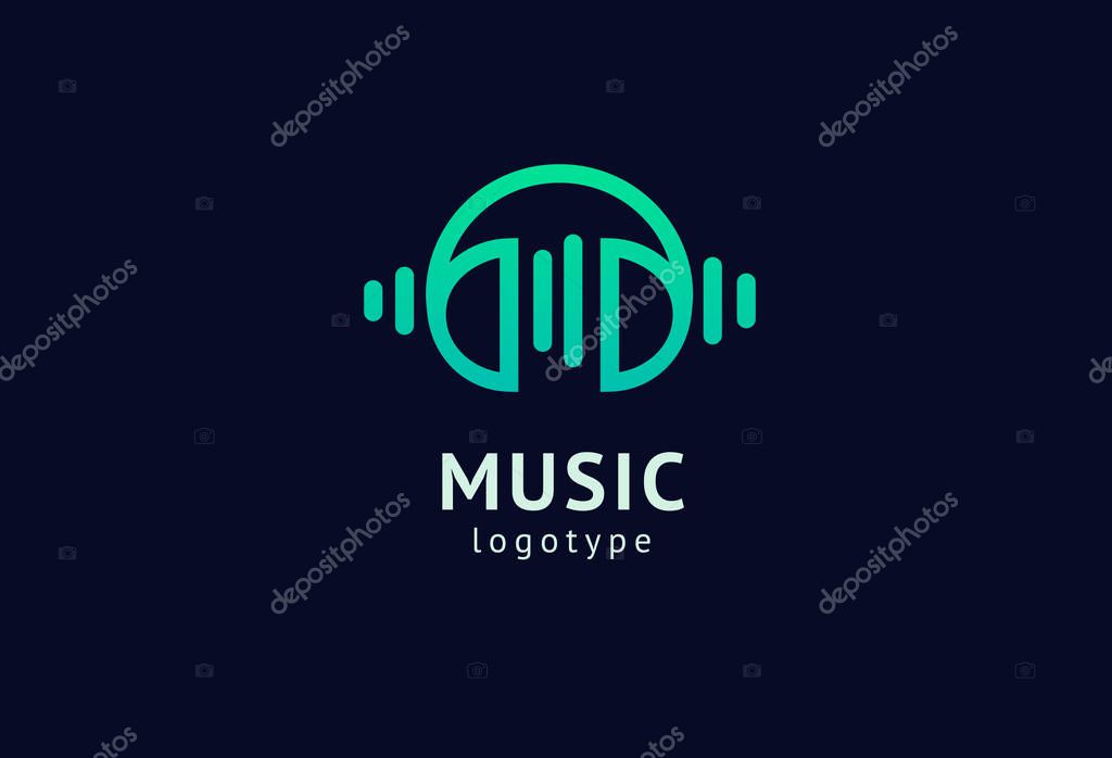 Vector illustration, Graphic Design headphone logotype. Abstract music icon vector design. Sound recording studio, night party. School of Music, disco, vocal course, composer, singer vector logo