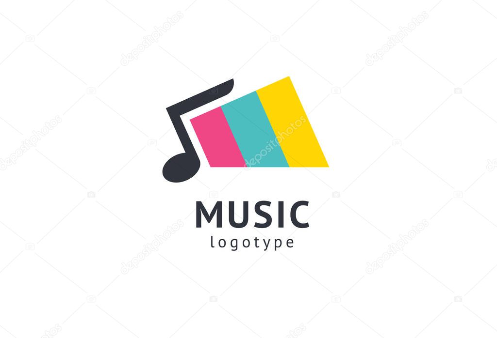 Vector illustration, Graphic Design Note web logotype. Abstract music logo icon vector design. Sound recording studio, night party. School of Music, disco, vocal course, composer, singer vector logo