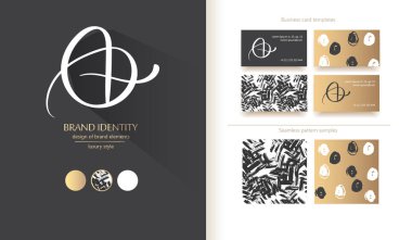 Kartlar ve harfler kombinasyonu ile yaratıcı el çizilmiş monogram kaligrafi. Marka kimliği, logo, marka öğeleri. Vektör çizimi. 