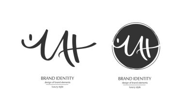 Yaratıcı el çizilmiş monogram kaligrafi. Marka kimliği, logo, büyük harf M, U, A ve H veya küçük t harf kombinasyonu, marka elemanları. Vektör çizimi.
