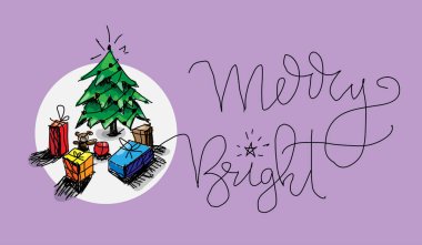 hediye kutuları, hediyeler ve mor arka plan üzerinde neşeli parlak yazıt ile noel ağacı