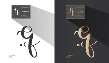 Yaratıcı el çizilmiş monogram kaligrafi. Marka kimliği, küçük q, e ve t harf kombinasyonu, marka öğeleri ile logo. Vektör çizimi.