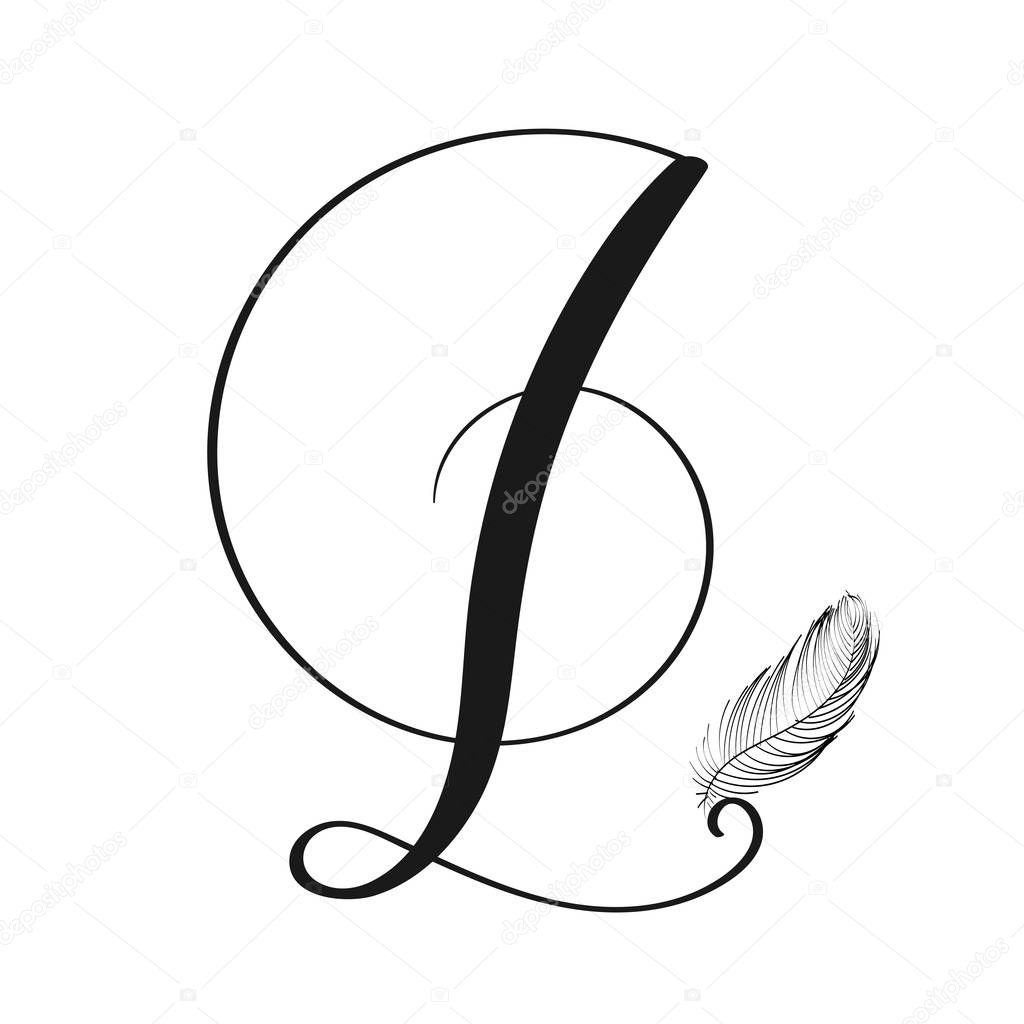 Hand drawn lettering letter L in modern calligraphy style. Boho art print with decorative feather. Perfect for invitation, greeting card, quote and more. 