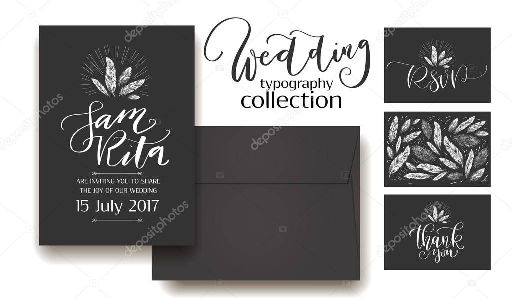 Save the date cards, wedding invitation with hand drawn lettering, arrows, feathers, flowers, branches and gold decorative elements. Floral invites, boho style