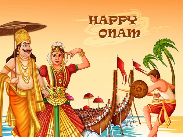 Happy Onam festival sfondo del Kerala in stile artistico indiano — Vettoriale Stock