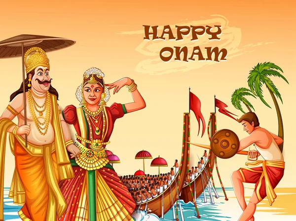 Feliz Festival Onam fundo de Kerala em estilo de arte indiana — Vetor de Stock