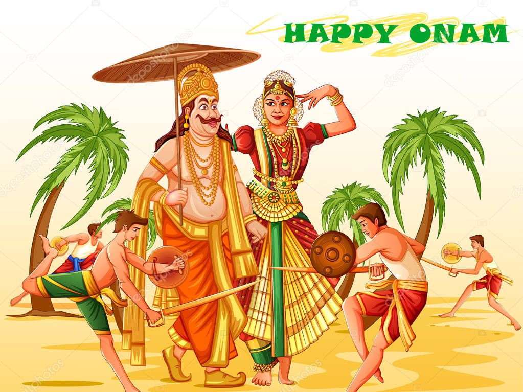 Happy Onam festival background of Kerala in Indian art style