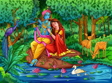 Lord Krishna playing bansuri flute with Radha on Happy Janmashtami holiday festival background clipart
