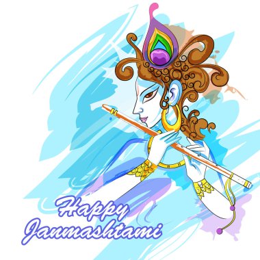 Lord Krishna playing bansuri flute on Happy Janmashtami holiday festival background clipart