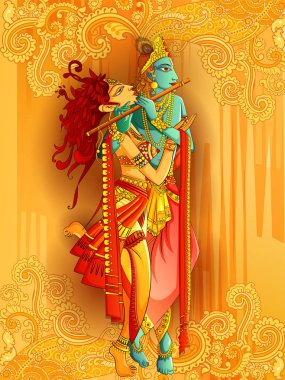 Lord Krishna playing bansuri flute with Radha on Happy Janmashtami holiday festival background clipart