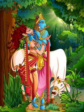 Lord Krishna bansuri flüt Radha ile mutlu Janmashtami Tatil festival üzerinde artalanda çalışır