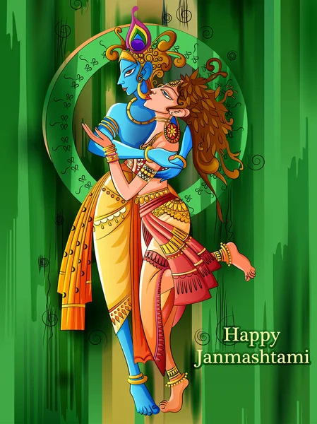 Lord Krishna playing bansuri flute with Radha on Happy Janmashtami holiday festival background — Stock Vector