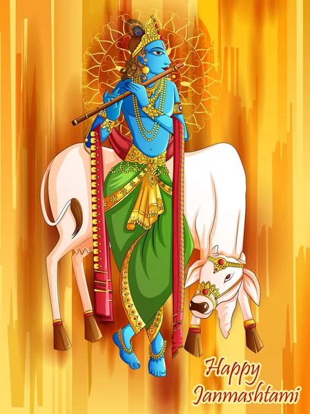 Seigneur Krishna jouant de la flûte bansuri sur fond de festival de vacances Happy Janmashtami — Image vectorielle