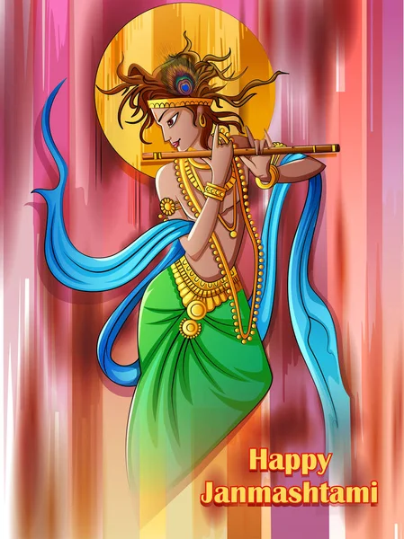 Lord Krishna bansuri fuvolán játszik a boldog Janmashtami holiday fesztivál háttér — Stock Vector