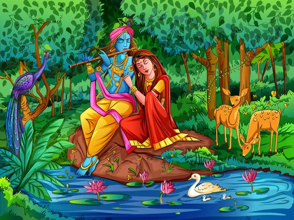 Signore Krishna suonare il flauto bansuri con Radha su sfondo felice festa Janmashtami festival — Vettoriale Stock