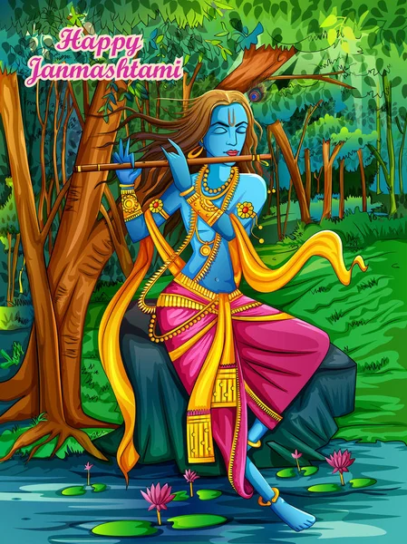 El Señor Krishna tocando la flauta bansuri en el fondo del festival festivo Happy Janmashtami — Vector de stock