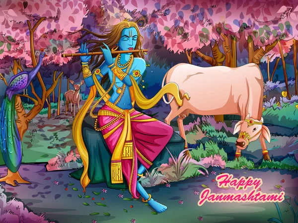 El Señor Krishna tocando la flauta bansuri en el fondo del festival festivo Happy Janmashtami — Vector de stock