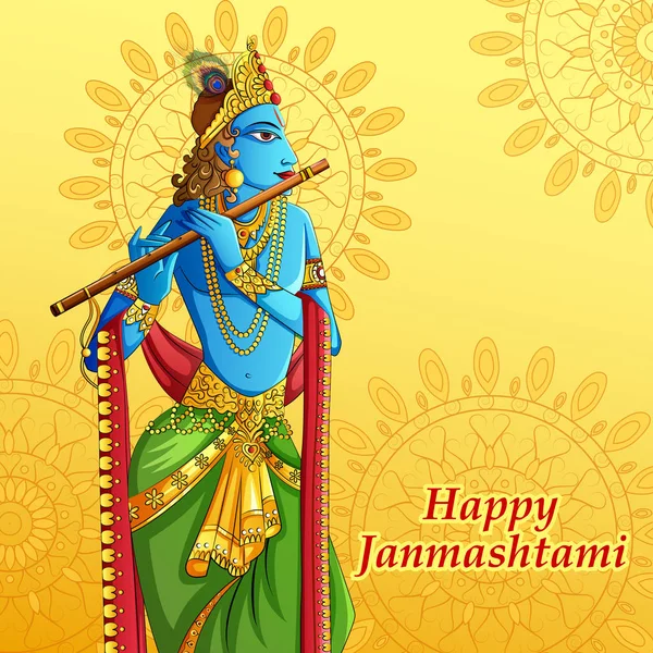 Lord Krishna bansuri flüt mutlu Janmashtami Tatil festival üzerinde artalanda çalışır — Stok Vektör