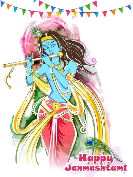 Lord Krishna tocando flauta bansuri no fundo do festival de férias Happy Janmashtami —  Vetores de Stock