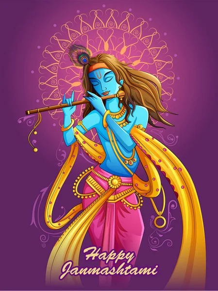 Lord Krishna bansuri fluit spelen op Happy Janmashtami vakantie festival achtergrond — Stockvector