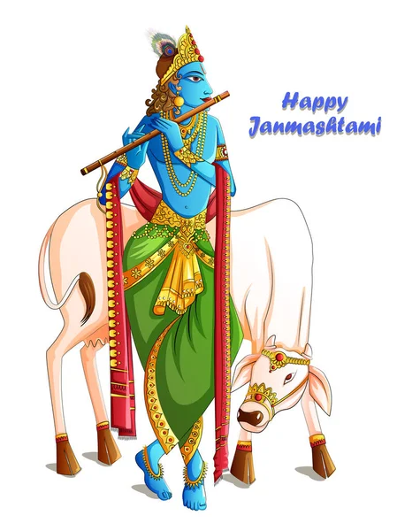 Lord Krishna tocando flauta bansuri no fundo do festival de férias Happy Janmashtami — Vetor de Stock