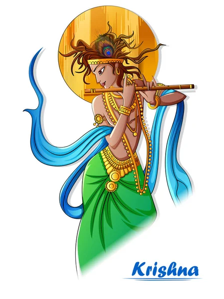 El Señor Krishna tocando la flauta bansuri en el fondo del festival festivo Happy Janmashtami — Vector de stock