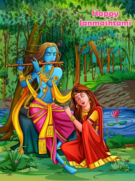 Lord Krishna spelen bansuri fluit met Radha op Happy Janmashtami vakantie festival achtergrond — Stockvector