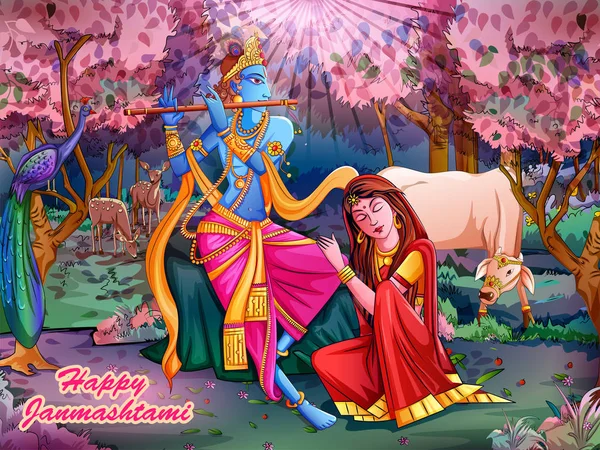 El Señor Krishna tocando la flauta bansuri con Radha en el feliz fondo del festival festivo Janmashtami — Vector de stock