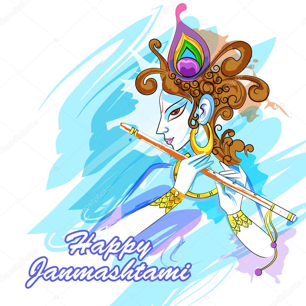 Lord Krishna playing bansuri flute on Happy Janmashtami holiday festival background