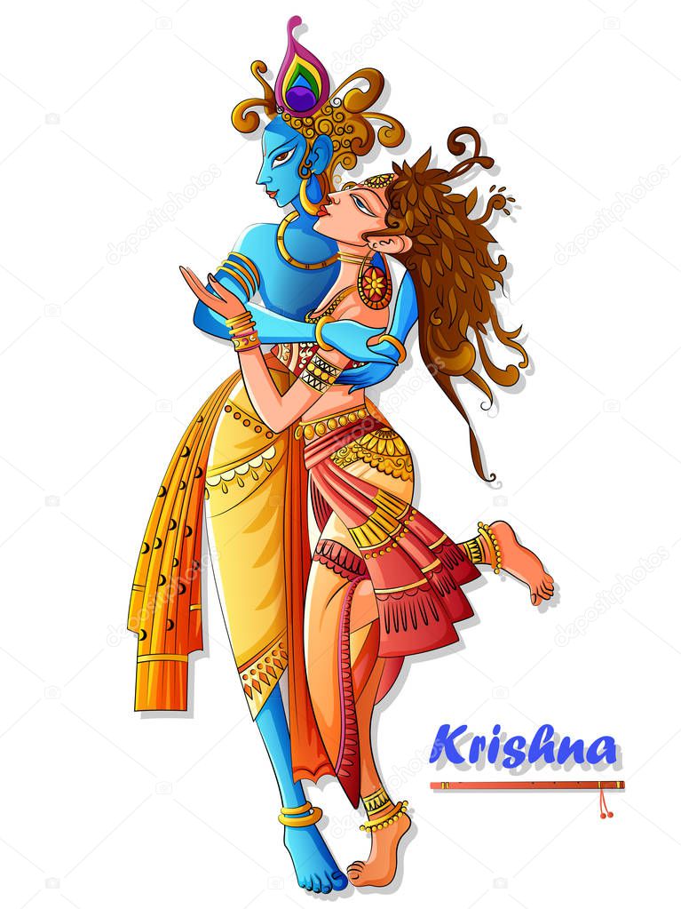Lord Krishna playing bansuri flute with Radha on Happy Janmashtami holiday festival background