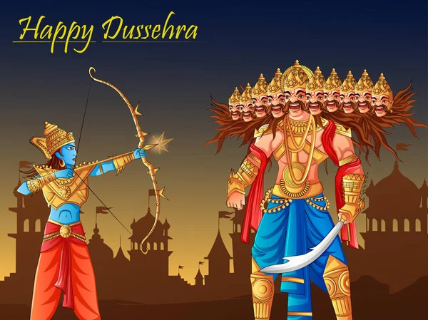El dios indio Rama matando a Ravana en el festival de la India Happy Dussehra background — Vector de stock