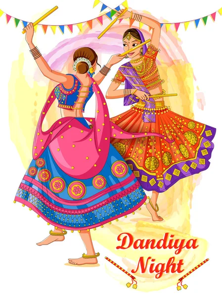 Hint Garba Dandiya gece Navratri Dussehra Festivali oynayan kadın
