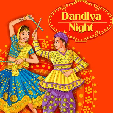 Hint Garba Dandiya gece Navratri Dussehra Festivali oynayan çift