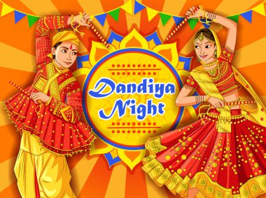 Hint Garba Dandiya gece Navratri Dussehra Festivali oynayan çift