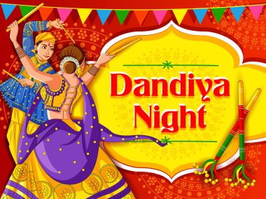 Hint Garba Dandiya gece Navratri Dussehra Festivali oynayan çift