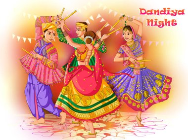 Hint Garba Dandiya gece Navratri Dussehra Festivali oynayan çift