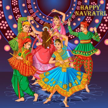 Hint Garba Dandiya gece Navratri Dussehra Festivali oynayan çift