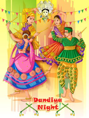 Hint Garba Dandiya gece Navratri Dussehra Festivali oynayan çift
